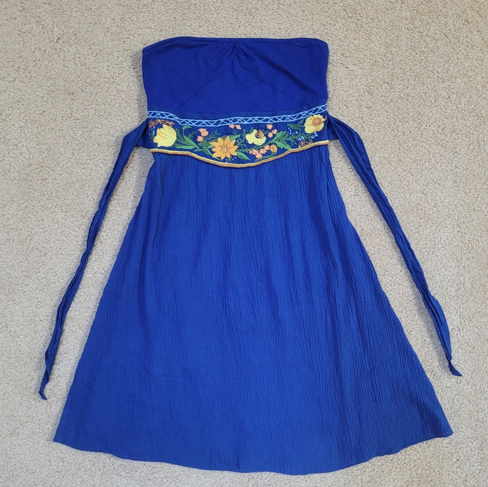 Women's Free People Royal Blue Strapless Dress Size 2 Floral Embroidered